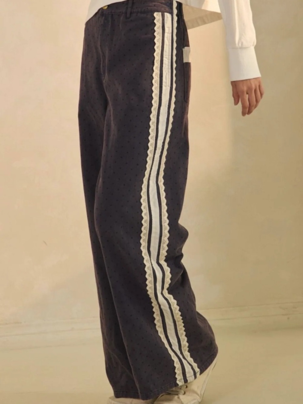 Black Wide-Leg Chinos with White Lace Side Stripe